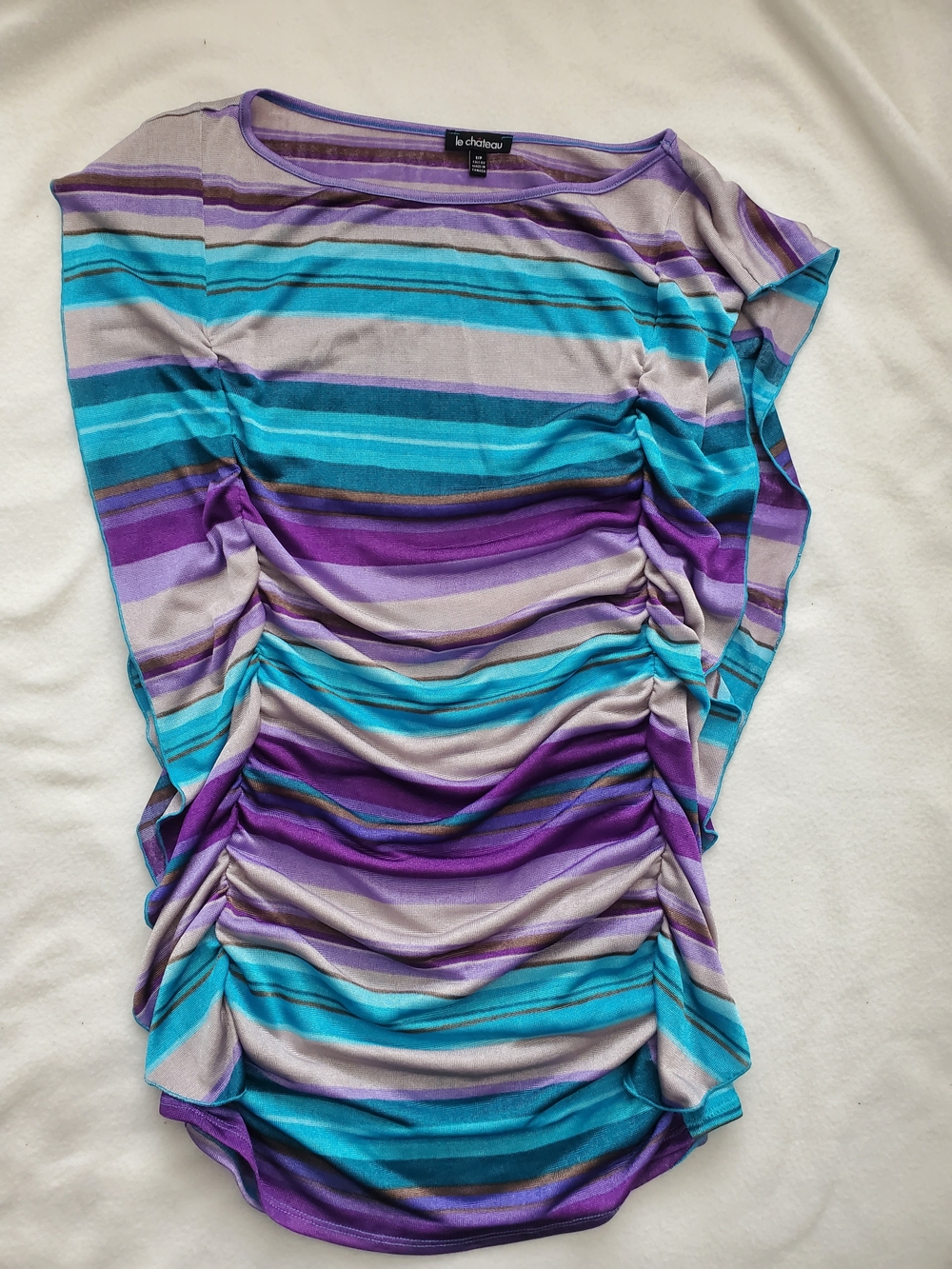 Le Chateau Y2K Striped Ruched Top in Purple & Teal Size S